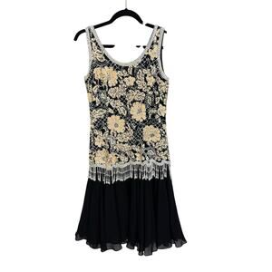 Vtg Black Tie Womens Mini Flared Dress 2 Black Yellow Sequin Embellished Party